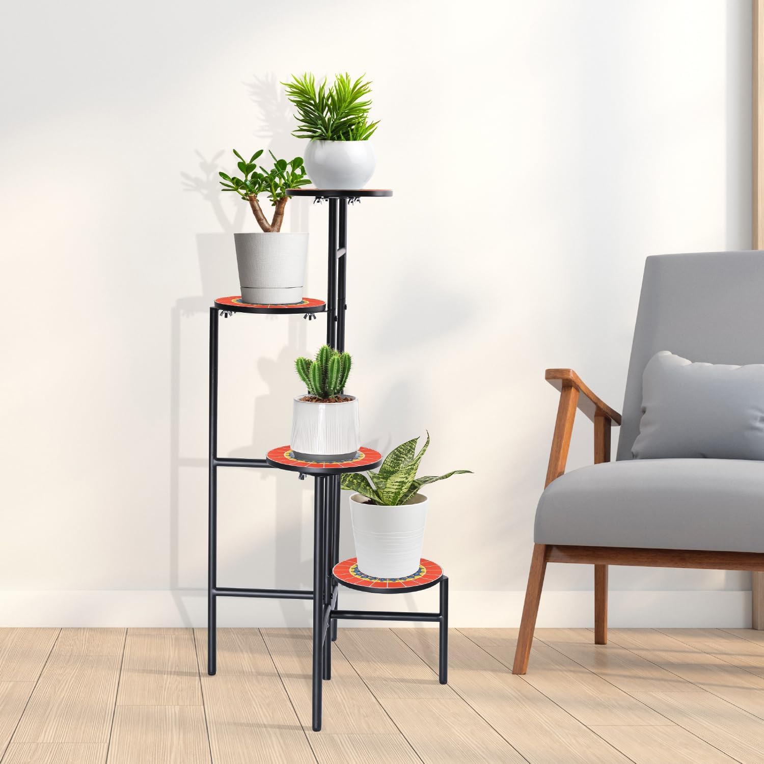 THE NEXT GARDENER.COM Soporte para plantas de interior de 4 niveles, estante esquinero para flores al aire libre con mesa de azulejos de cerámica de
