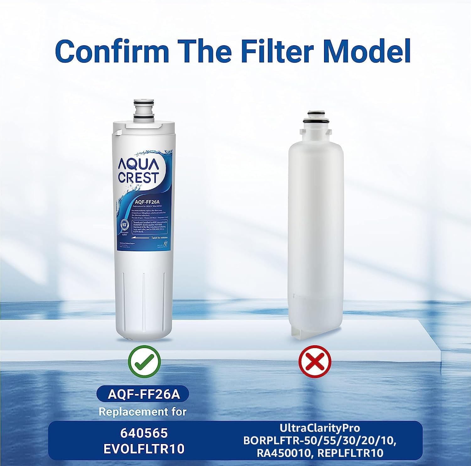 AQUA CREST Filtro de agua de repuesto para refrigerador 640565, compatible con Bosch 640565, EVOLFLTR10 AP3961137, 3M Cuno CS-52, Whirlpool