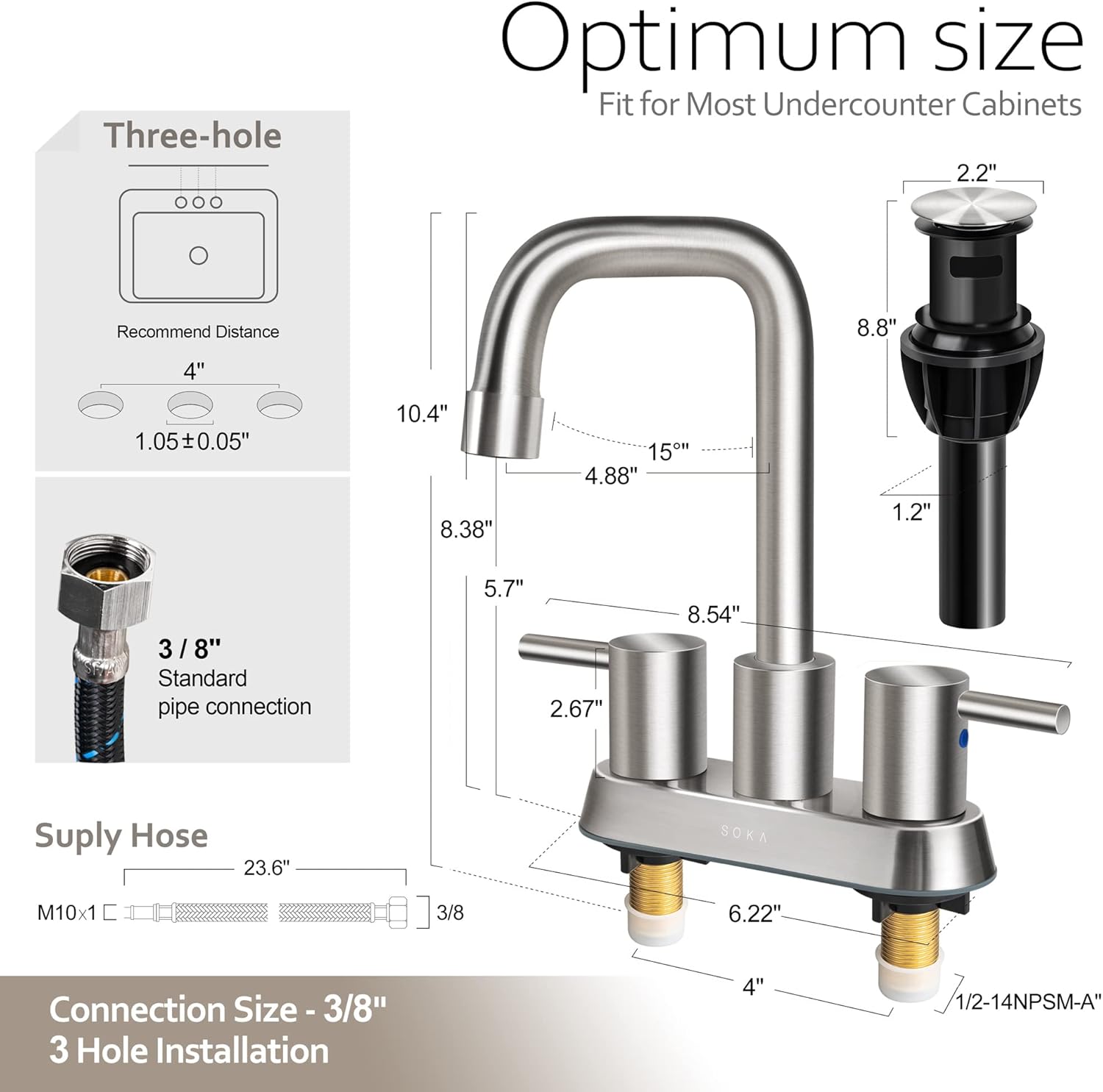 SOKA Centerset – Grifo de baño con 2 asas de 4 pulgadas, fregadero de mano comercial, grifo táctil de 3 agujeros, níquel cepillado, palanca L