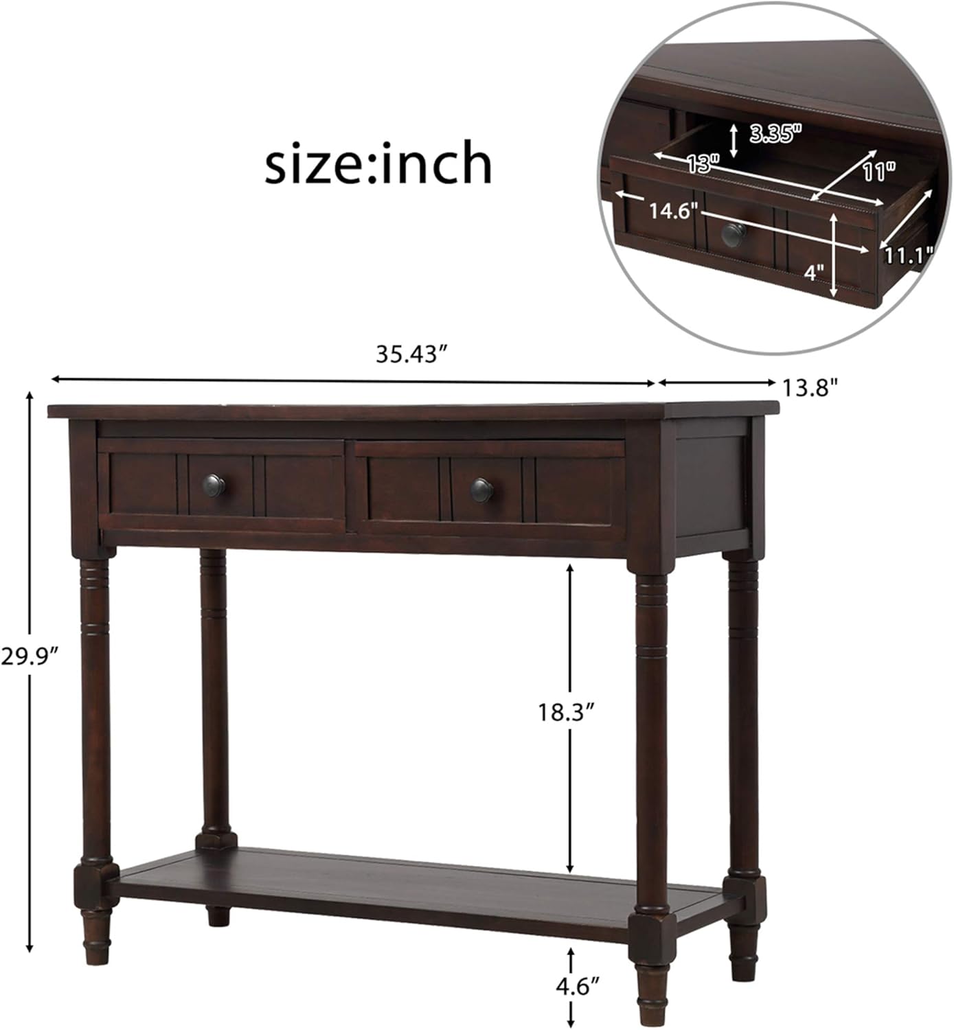 P PURLOVE Mesa de sofá con cajones, mesa de entrada, mesa consola de madera con dos cajones de almacenamiento y parte inferior para sala de estar