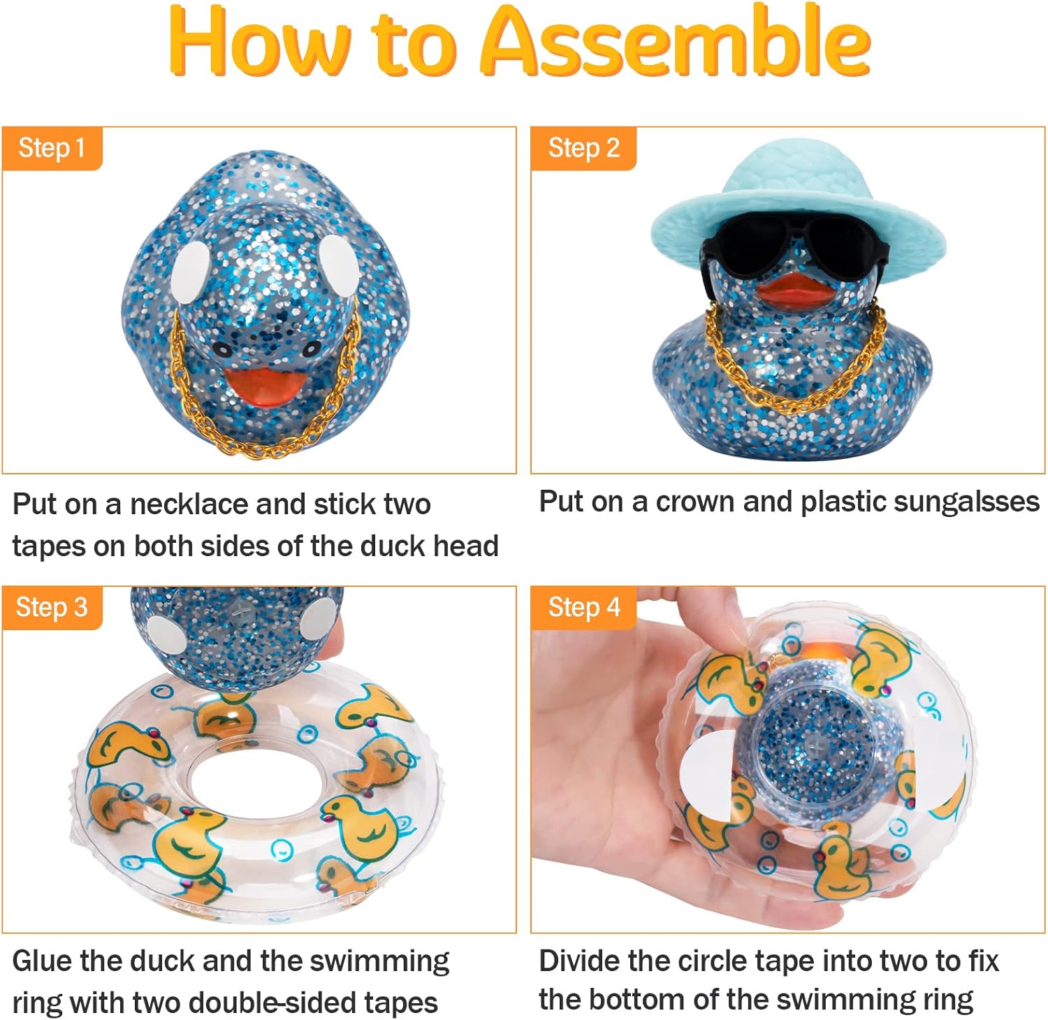 wonuu Patos de goma brillantes con gafas de sol de plástico, anillo de natación, sombrero de collar, accesorios brillantes para automóvil,