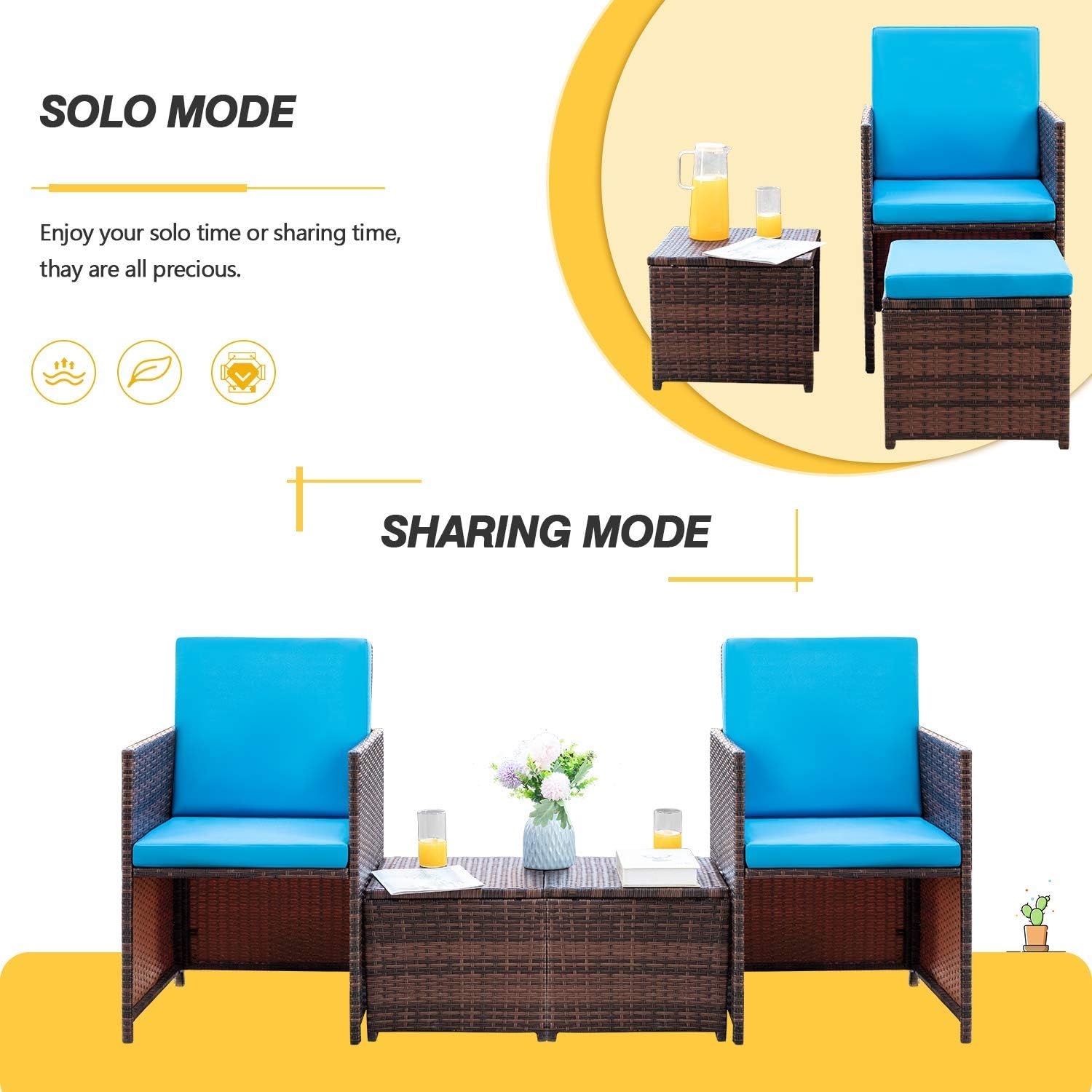 KaiMeng – Juego de comedor de 5 piezas para patio, sillas de mimbre marrón y negro, para exteriores, muebles de mimbre para balcón, porche con