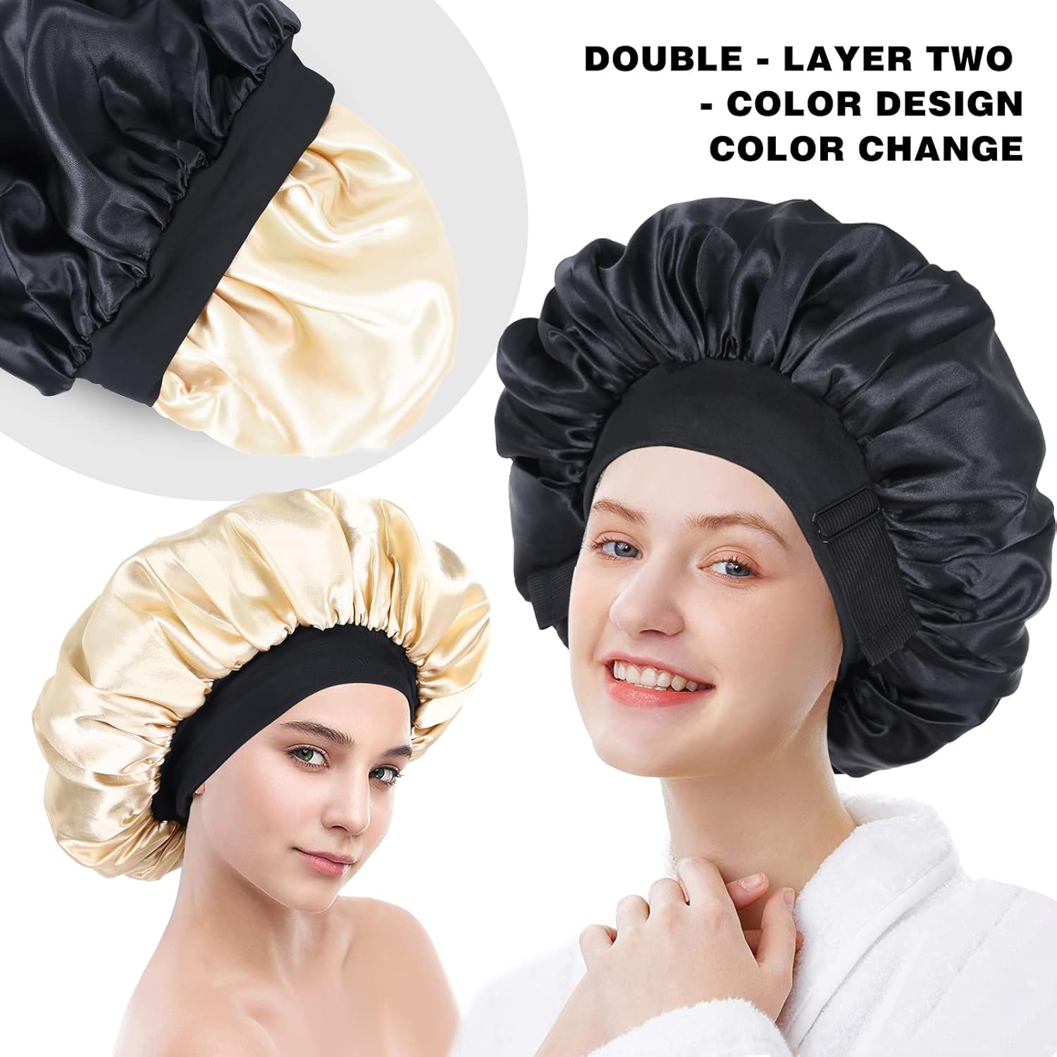 Gorro de seda para dormir de doble capa de satén ajustable para mujeres negras, gorro de dormir reversible para cabello rizado (negro)