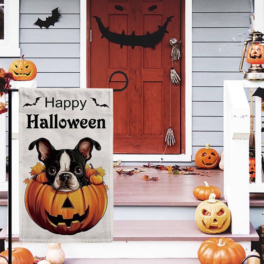 KafePross Bandera de jardín de perro Shih Tzu de Halloween de 12.5 x 18 pulgadas, vertical de doble cara con diseño de calabaza de Feliz Halloween,
