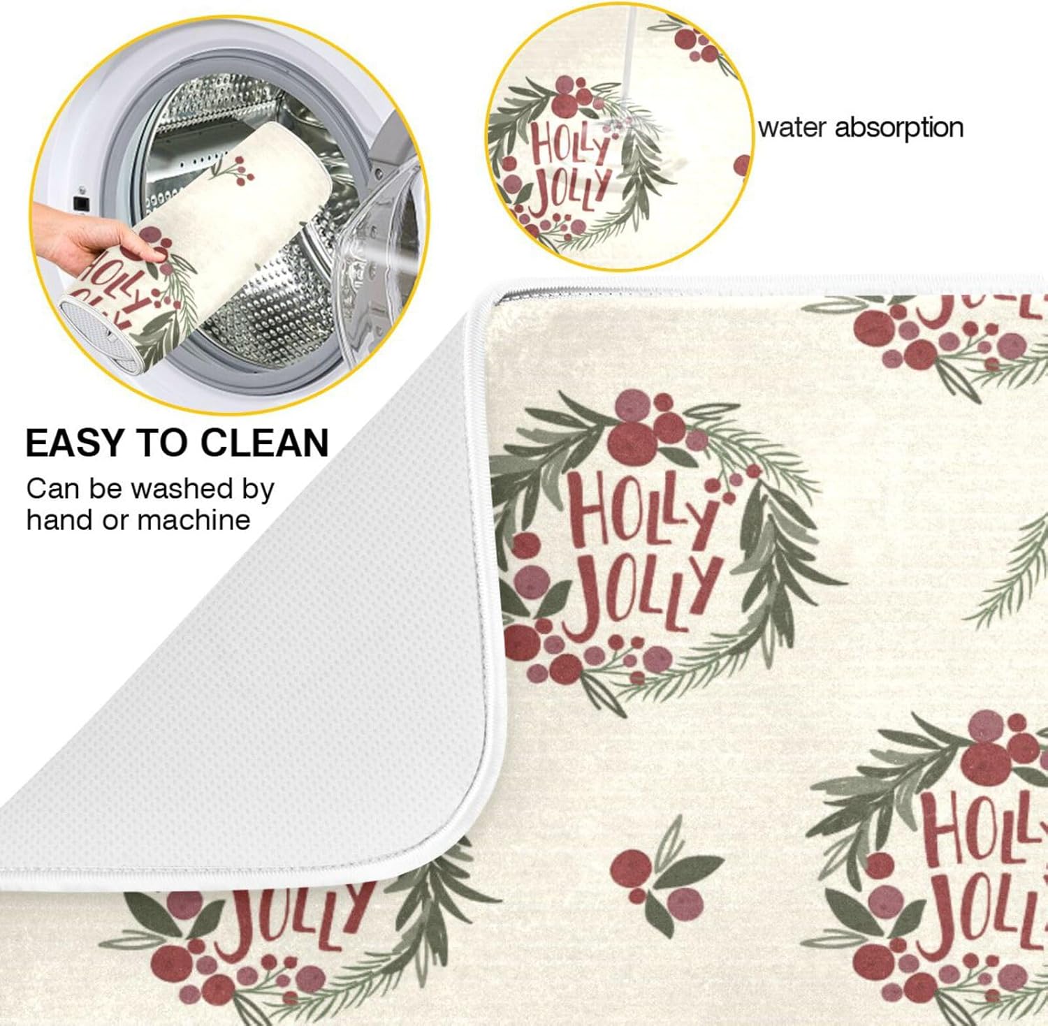Christmas Wreath Drying Dish Mat Washnable Absorbent Counter Mat Kitchen Dish Drainers Mat Tapete Para Cocina 16” x 18”