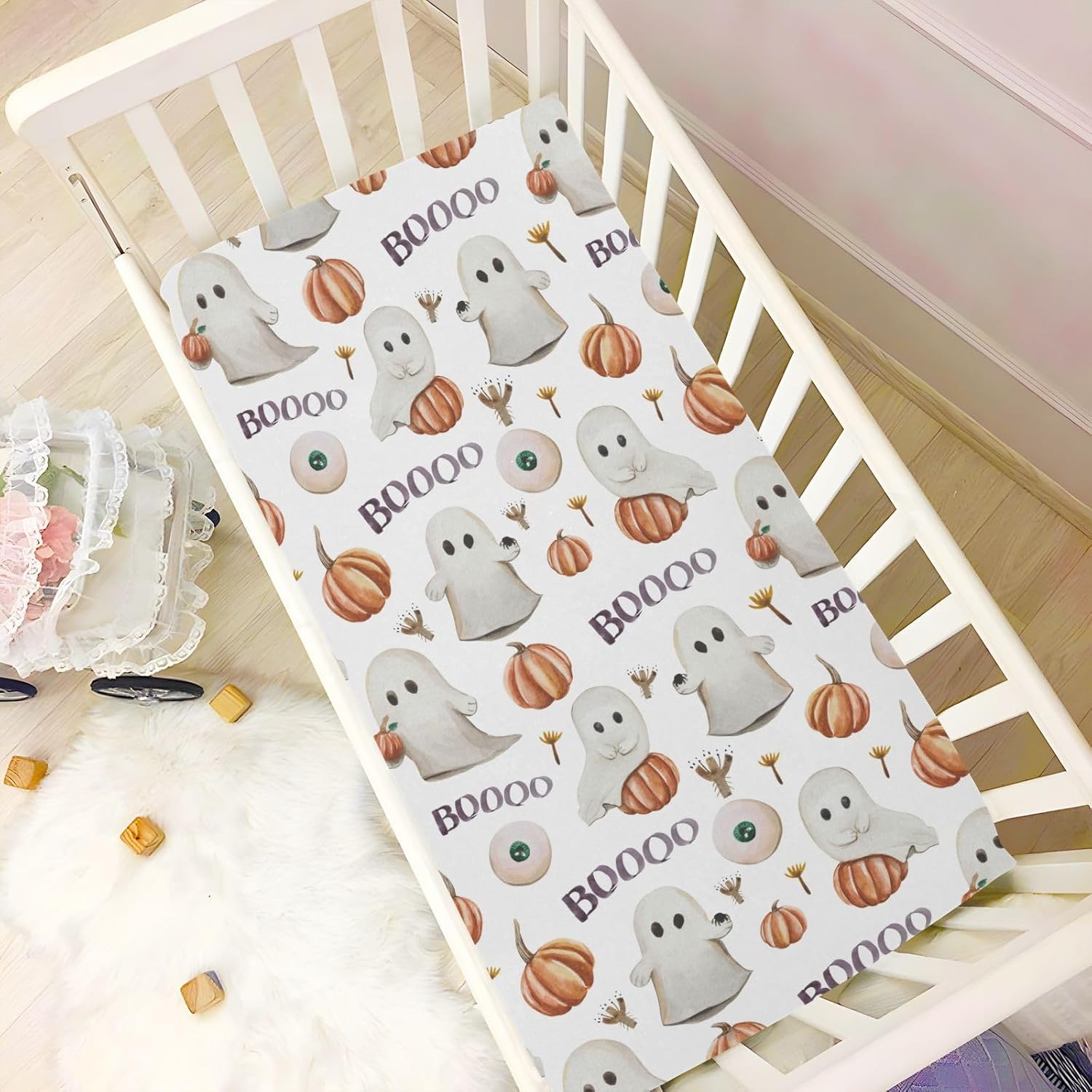 Ghosts Pumpkins – Sábanas para cuna de Halloween, suaves, transpirables, ajustables, para cuna, para niñas y niños, 52 x 28 x 9 pulgadas