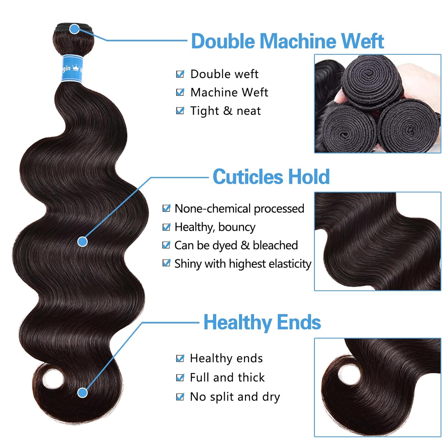 3 manojos de cabello humano ondulado (16, 18, 20 pulgadas), cabello virgen brasileño Remy grado 10A, tejido negro húmedo y ondulado, doble trama,