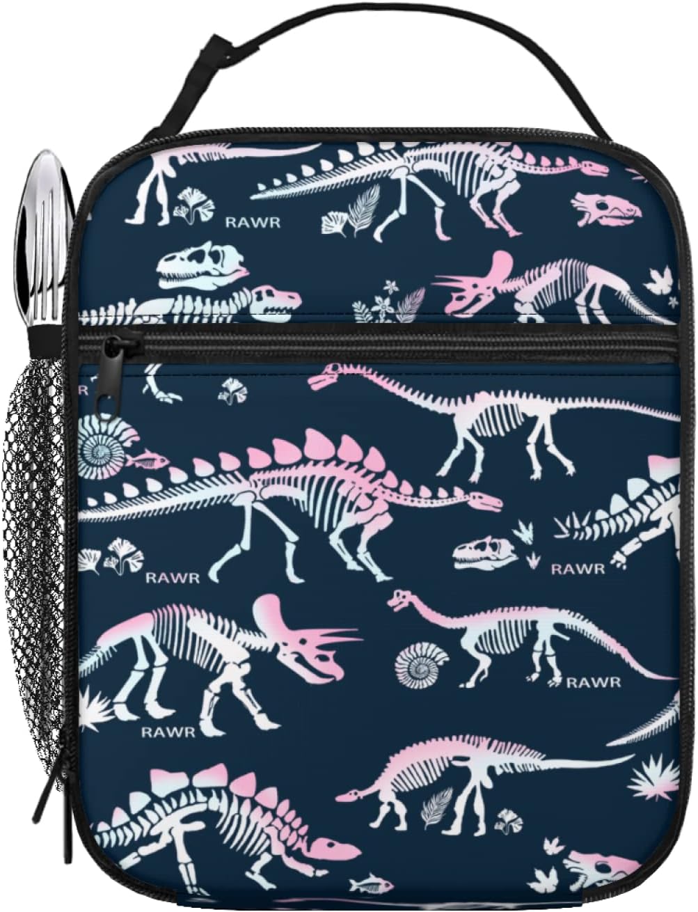 Lonchera con diseño de esqueleto de dinosaurios, huesos de dinosaurio degradado rosa y blanco, reutilizable, aislada, con correa para el hombro,