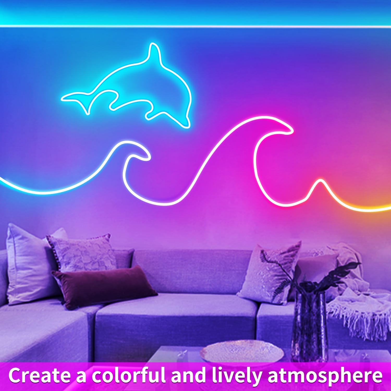 Tira de luces LED RGB de neón de 50 pies con control remotoAPP control IP65, impermeable, flexible, tira de luces LED de neón para decoración de