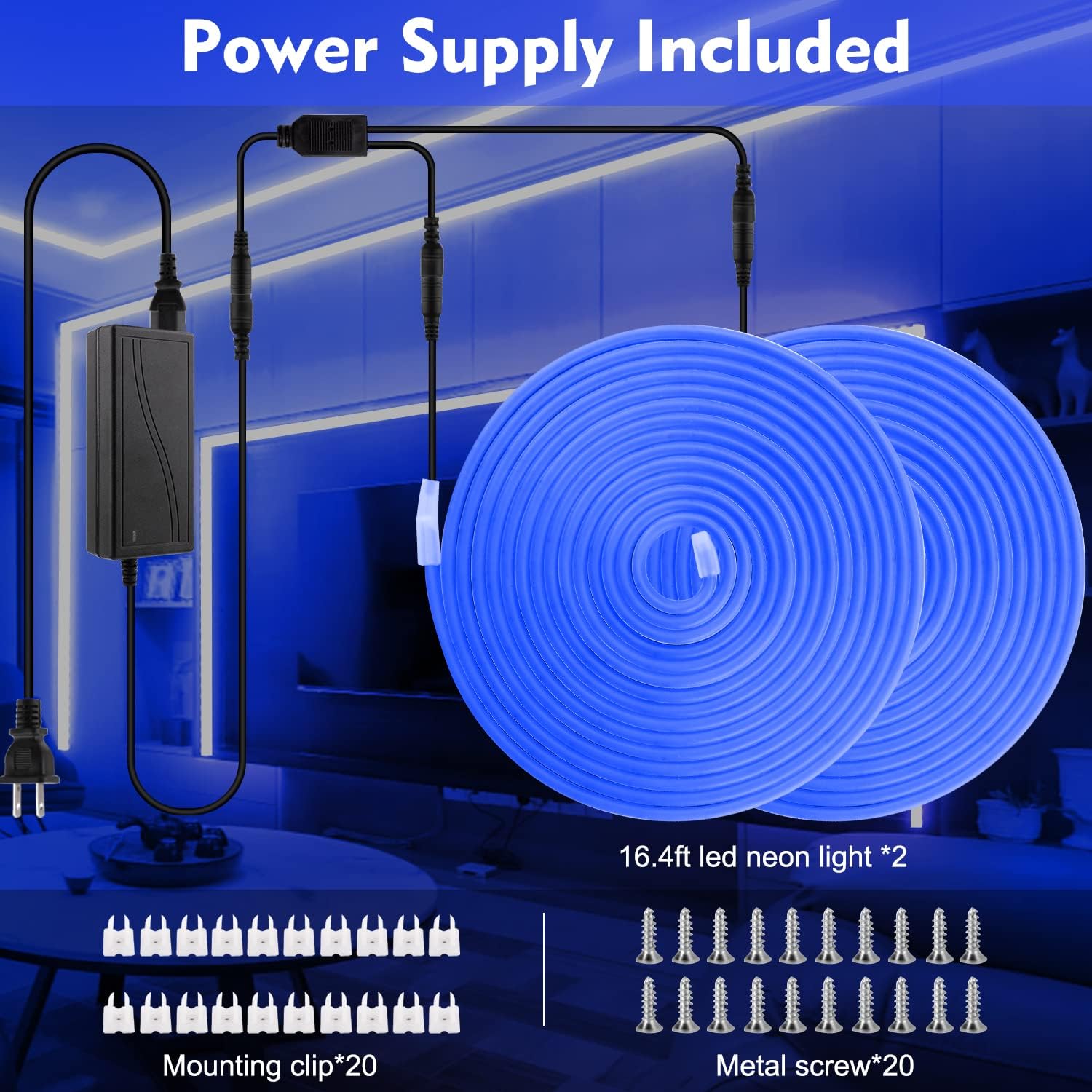 iCreating Tira de luces LED de neón de 32.8 pies, color azul, luces LED de neón flexibles de 12 V para interiores y exteriores, tira de luz LED