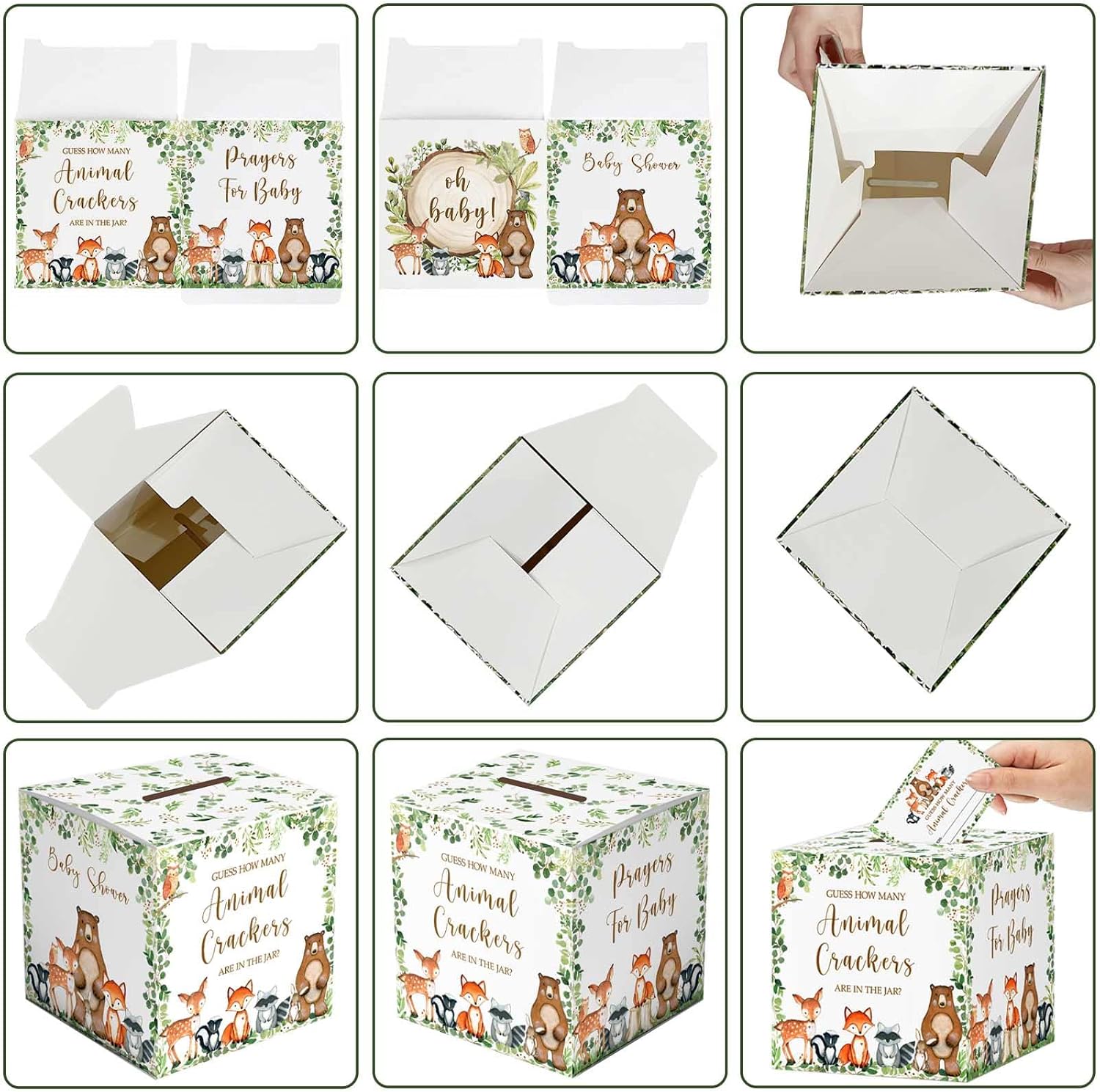 Woodland Guess How Many Animal Crackers – Juego de adivinanzas, caja de juego de adivinanzas para baby shower de bosque y oraciones para tarjetas de