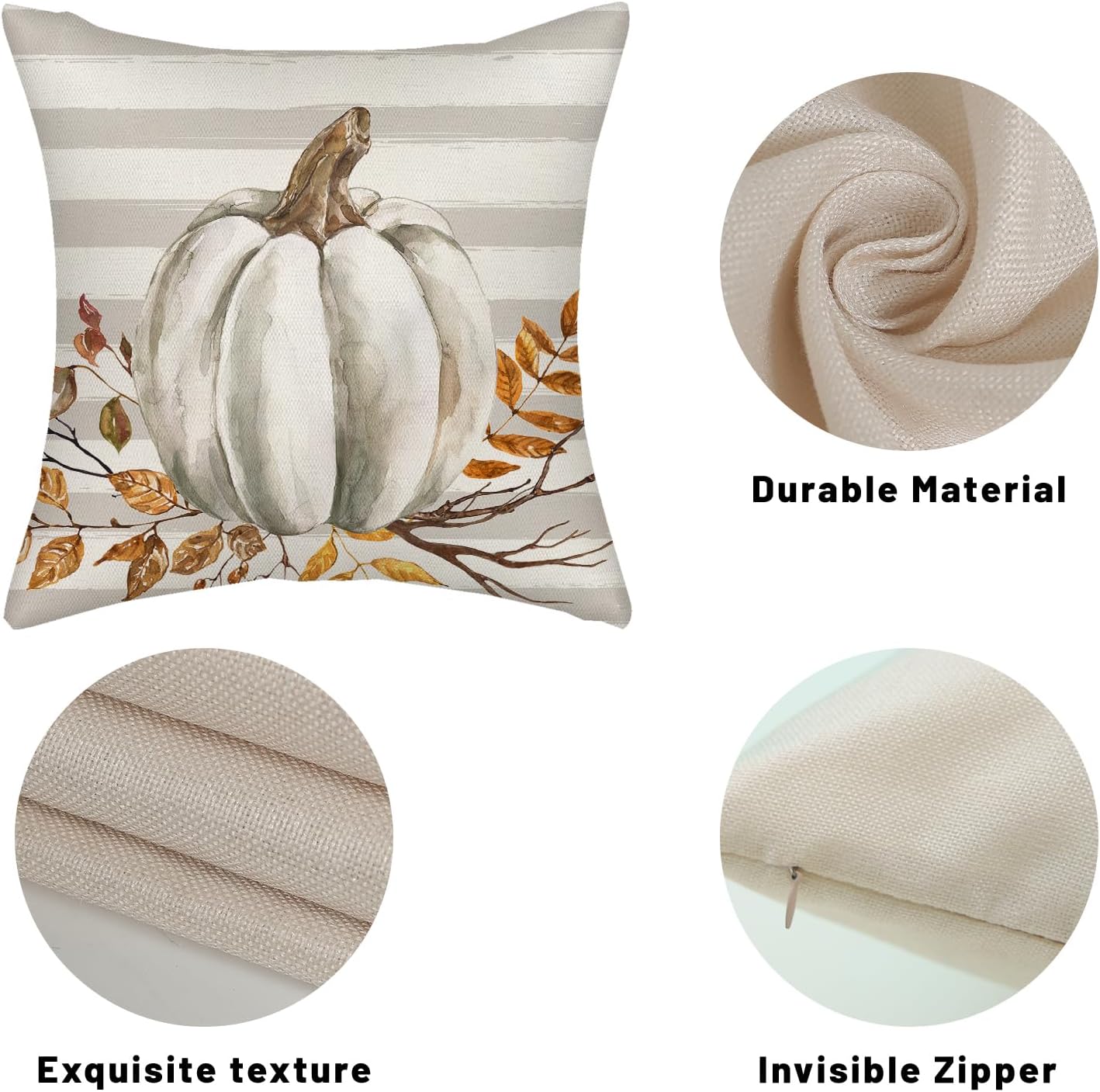 Juego de 2 fundas de almohada de otoño de 16 x 16 pulgadas, diseño de calabaza a rayas grises para sofá, hojas de arce, cosecha de otoño, interiores