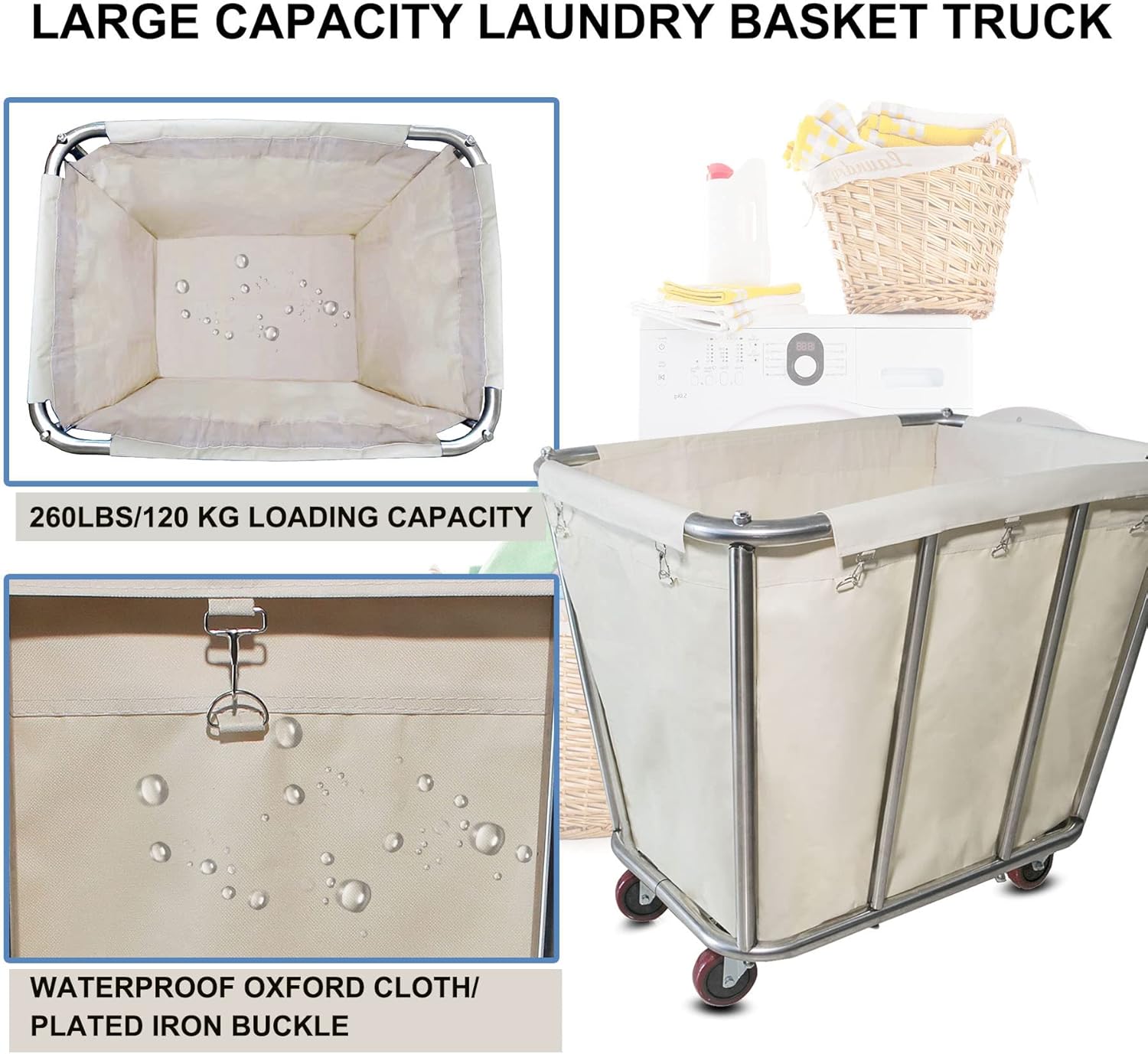 Graywlof Carrito de lavandería de 10 bushel con ruedas, resistente, industrial, para el hogar, color beige, grande, cesta de lavandería, cesta de