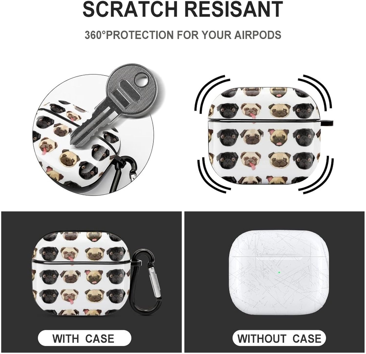 Funda para auriculares Bluetooth de Pug negro y amarillo para Airpods 3 PC, funda rígida con diseño de impresión completa, a prueba de caídas con