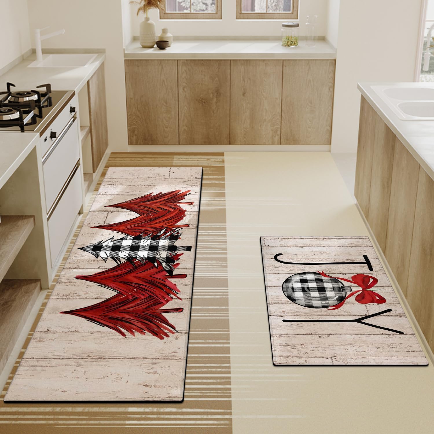 Xsinufn Juego de 2 alfombras y tapetes de cocina de Feliz Navidad, a cuadros, árbol de Navidad, Navidad, invierno, vacaciones, tapete para fregadero