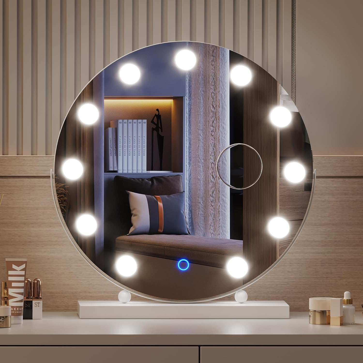 LVSOMT Hollywood Espejo de tocador de maquillaje con luces, espejo LED de 20 pulgadas con aumento de 10X, espejo de escritorio iluminado con 3 modos