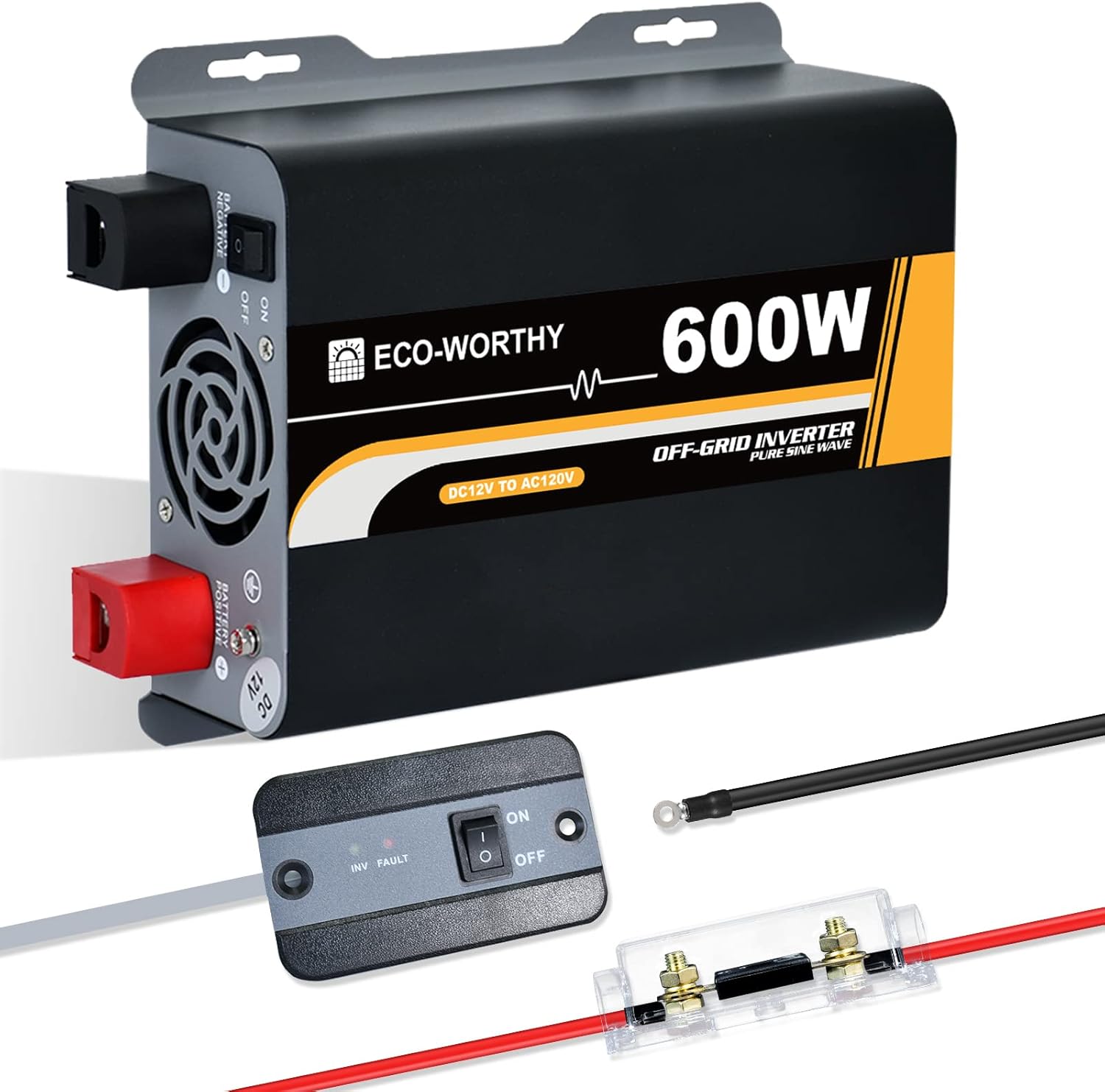 ECO-WORTHY Inversor de onda sinusoidal pura de 600 W, salida de CA, puerto de salida USB, indicador LED, ventiladores de refrigeración duales y