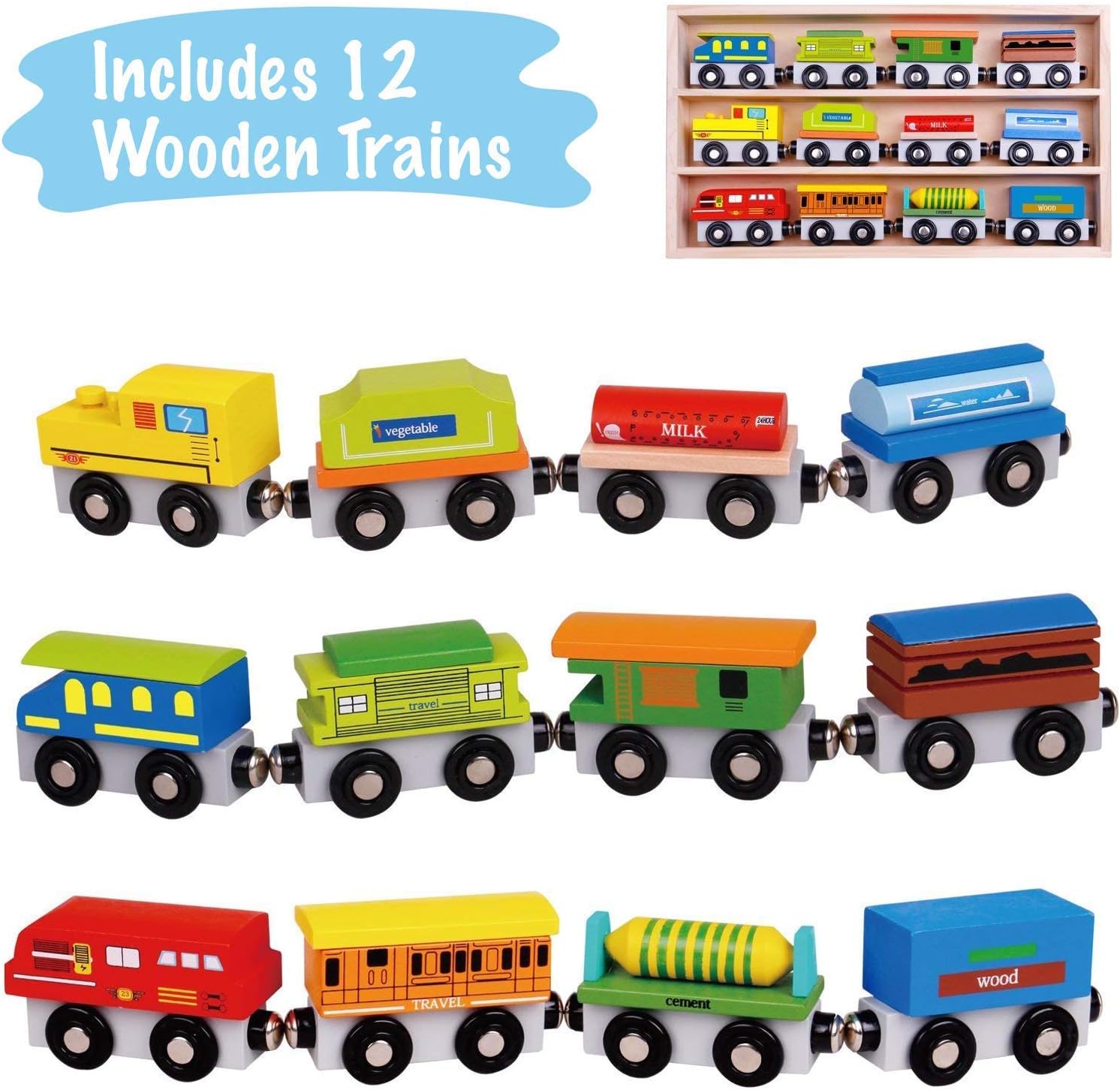 Pidoko Kids Juego de tren de madera  12 piezas de coches motores  Compatible con Thomas Train Set Tracks y las principales marcas  Juguete perfecto