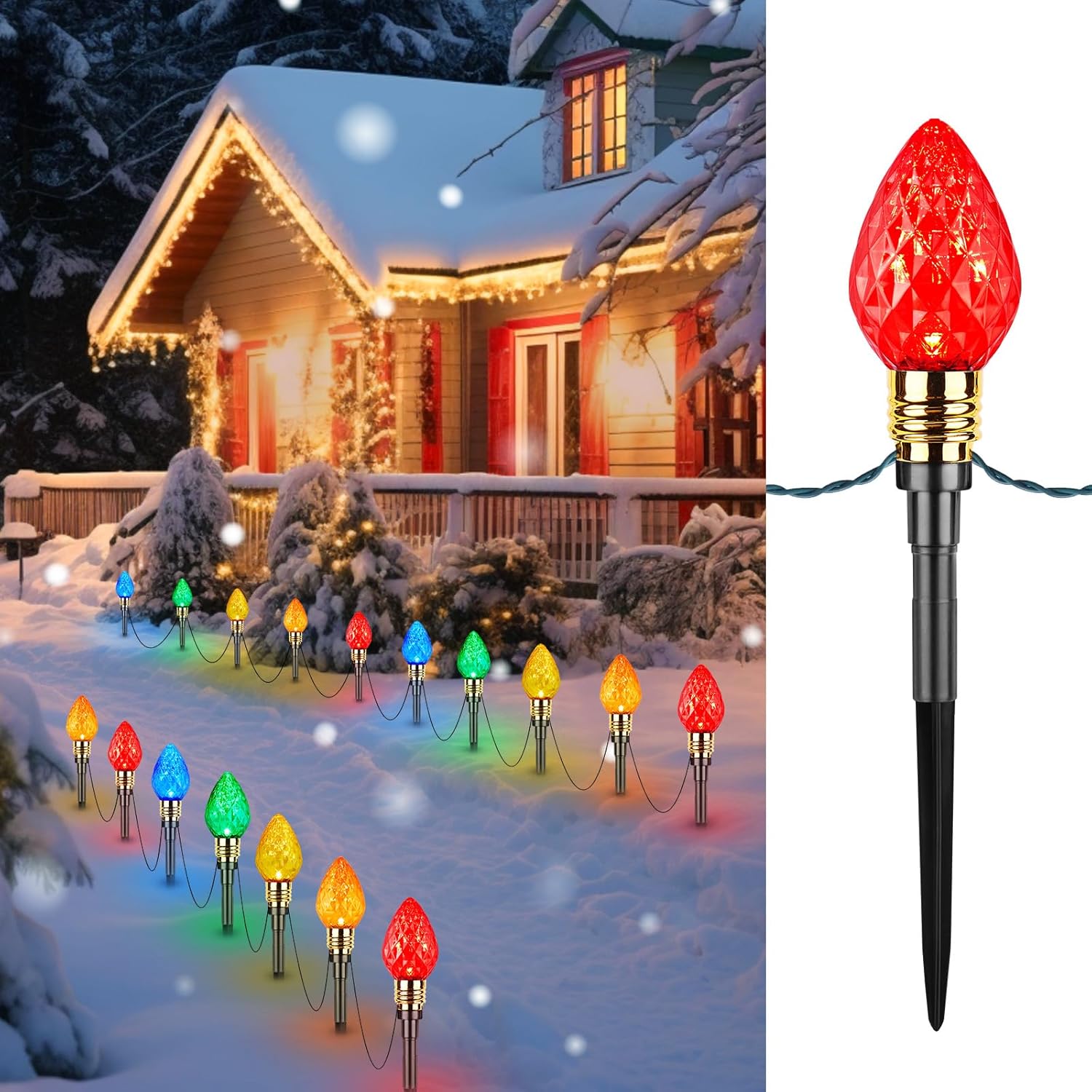 Brightown Paquete de 2 luces de camino de Navidad C9 de fresa para exteriores, total de 34.8 pies, 20 luces LED C9, bombillas multicolor, luces de