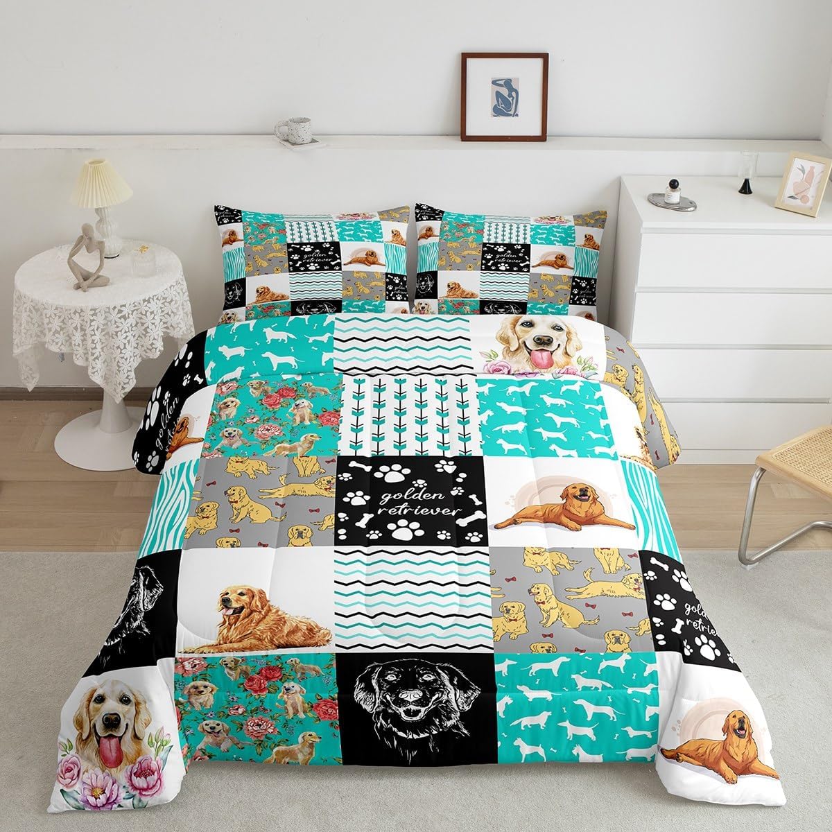 Lindo juego de edredón Golden Retriever para niños y niñas, preciosa ropa de cama para cachorros, tamaño individual, edredón Kawaii con patas de