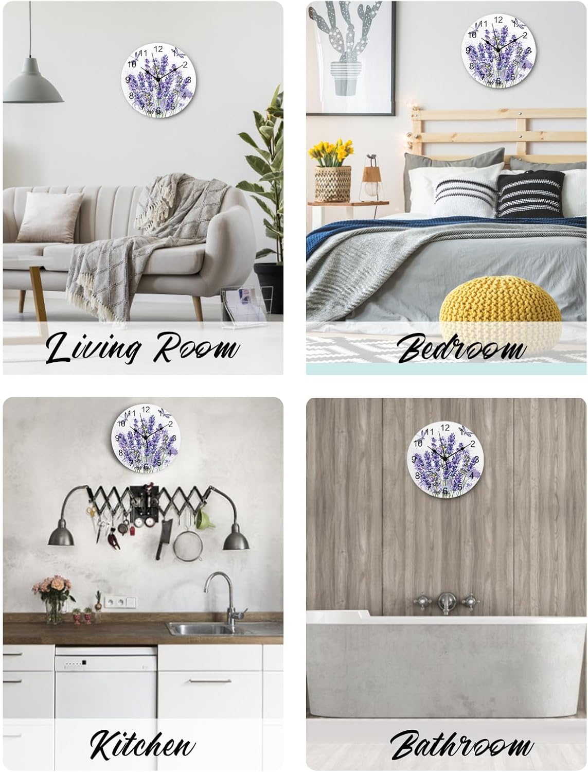 Reloj de pared de PVC con flores de lavanda, silencioso, sin tictac, funciona con pilas, reloj redondo para el hogar, sala de estar, oficina,