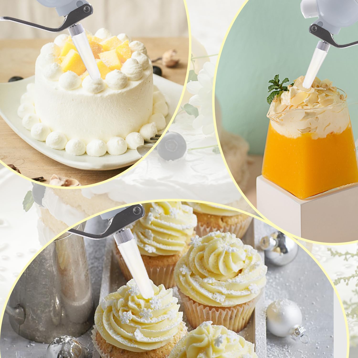 AmazWhip Dispensador de crema batida, accesorios generales, 3 puntas de decoración de plástico, soporte para cargador culinario, un cepillo limpio