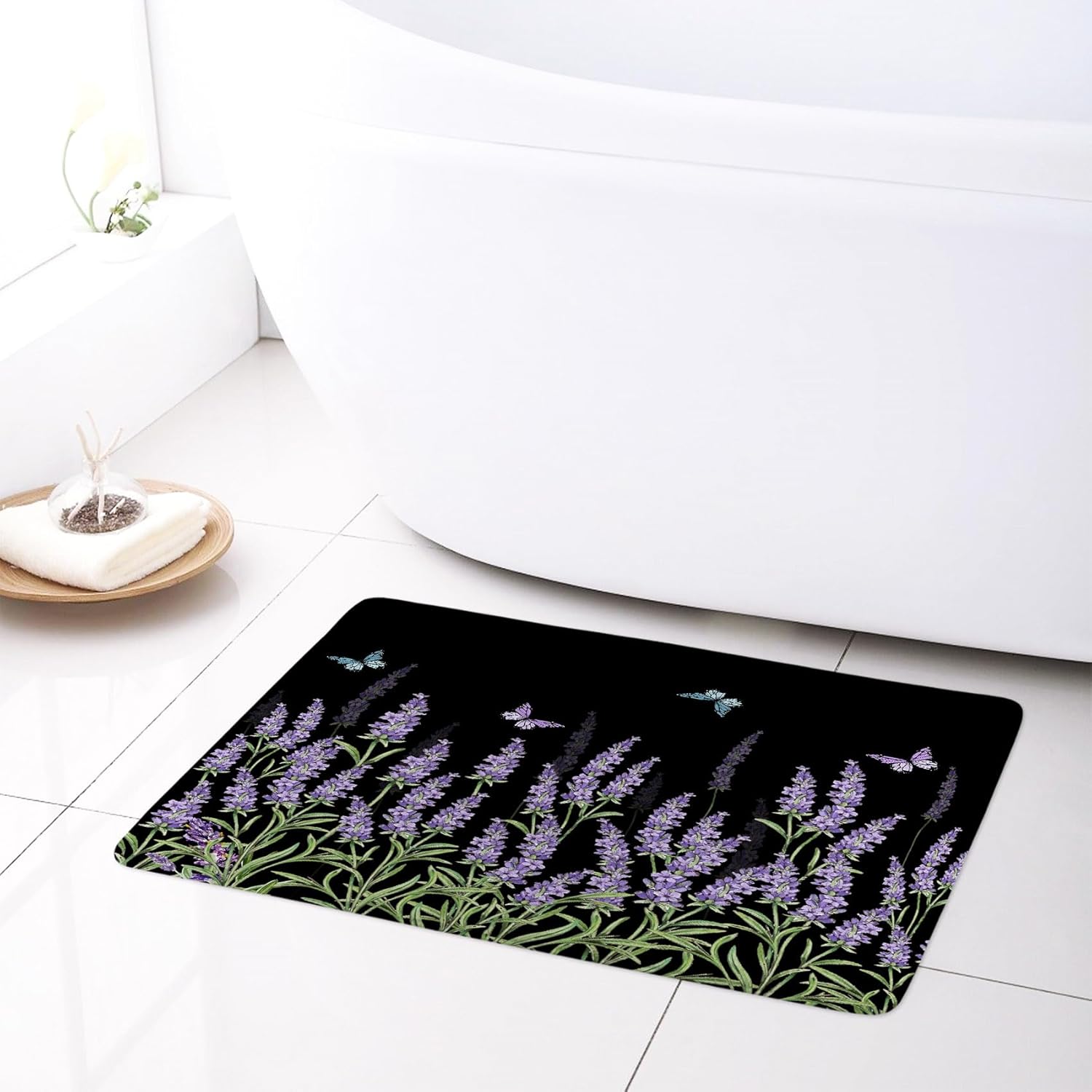 LB Butterfly and Floral Shower Curtain Sets with Rugs Lavender Flower with Green Leaves on Black Fabric Shower Curtain with Hooks Nature Botanical