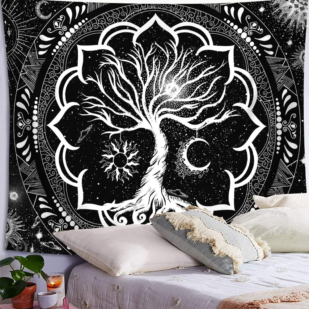 ARTHMOM Tapiz de árbol de la vida para dormitorio, estética de dormitorio, tapiz bohemio en blanco y negro, tapiz trippy de sol y luna con espacio