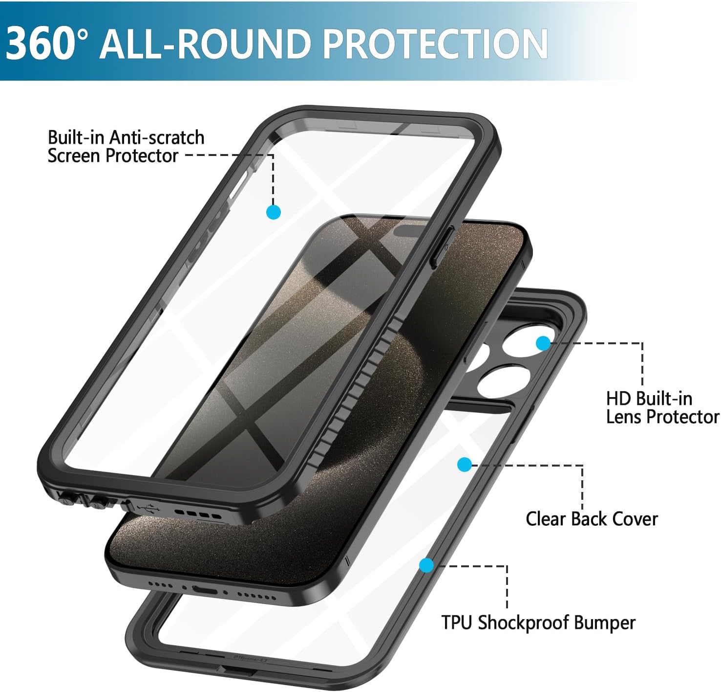 Diverbox Funda para iPhone 15 Pro de 10 pies impermeable a prueba de golpes a prueba de caídas a prueba de caídas a prueba de polvo protector de