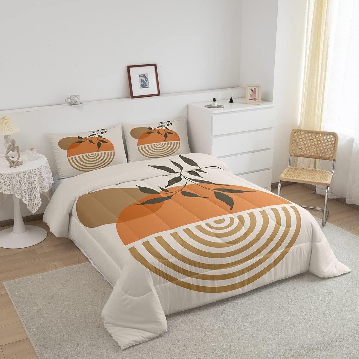 Juego de ropa de cama tamaño Queen con diseño de hojas bohemias para niñas, niños, adolescentes, mujeres, abstracto, exótico, geométrico, moderno,
