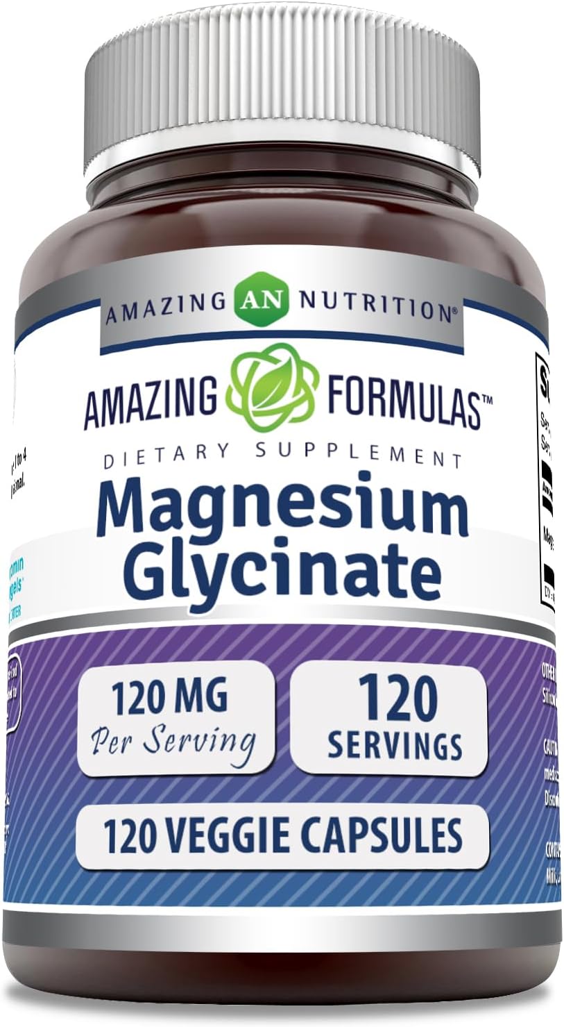 Amazing Formulas – Suplemento de magnesio (glicinato) de 120 mg por porción, cápsulas vegetarianas, con glicinato de magnesio, sin OMG, sin gluten