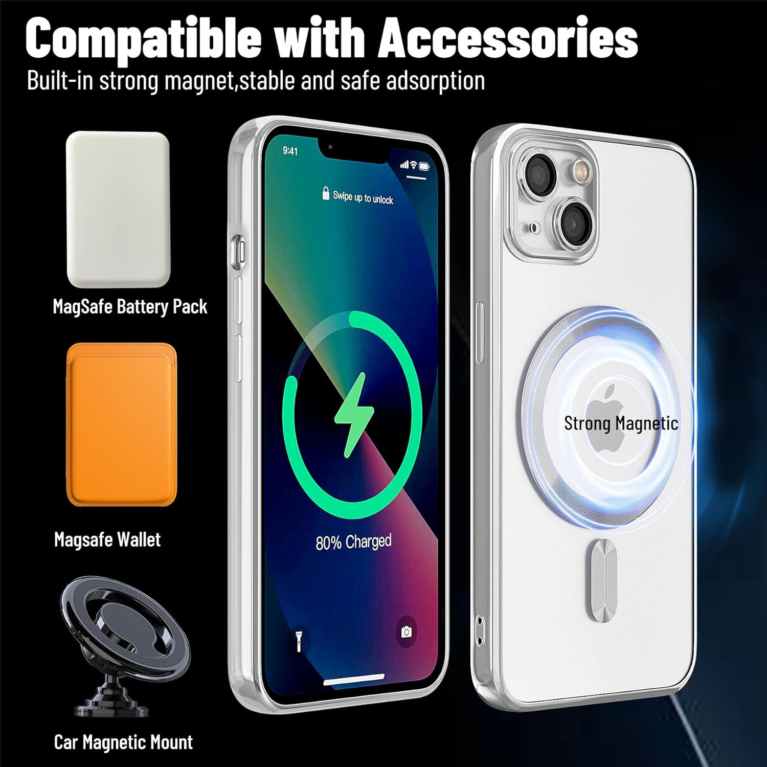 Funda magnética para iPhone 15, galvanizada transparente, delgada, para iPhone 15 (6.1 pulgadas), con película protectora de pantalla, a prueba de