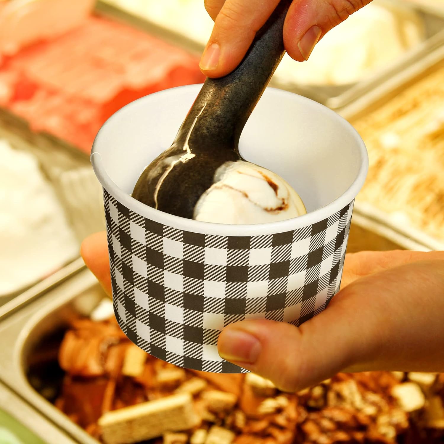 Sieral Vasos de papel para helado de 9 onzas, tazones de papel desechables de guinga, tazas de picnic a granel, postre de pícnic, taza de papel a