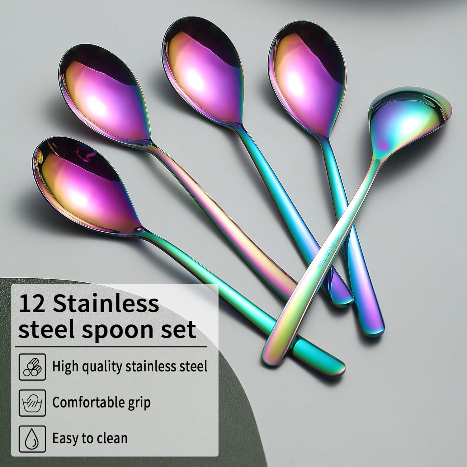 Kyraton Juego de 12 cucharas arcoíris de 8 pulgadas, cucharas de mesa de acero inoxidable chapado en titanio colorido, cucharas de sopa, cucharas de