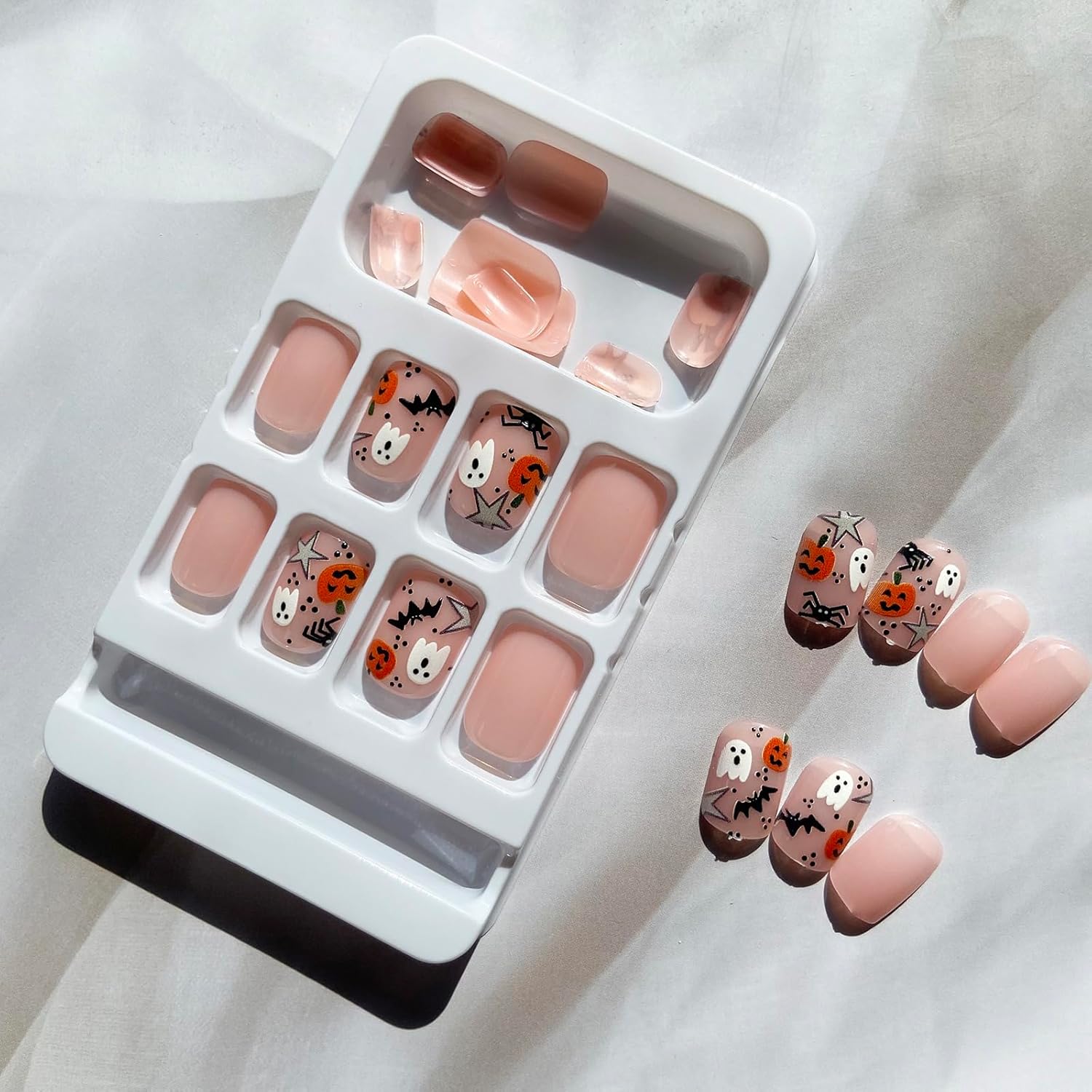 Uñas postizas de Halloween, uñas cortas a presión, uñas postizas cuadradas, fantasma, calabaza, araña, uñas acrílicas, uñas adhesivas brillantes de