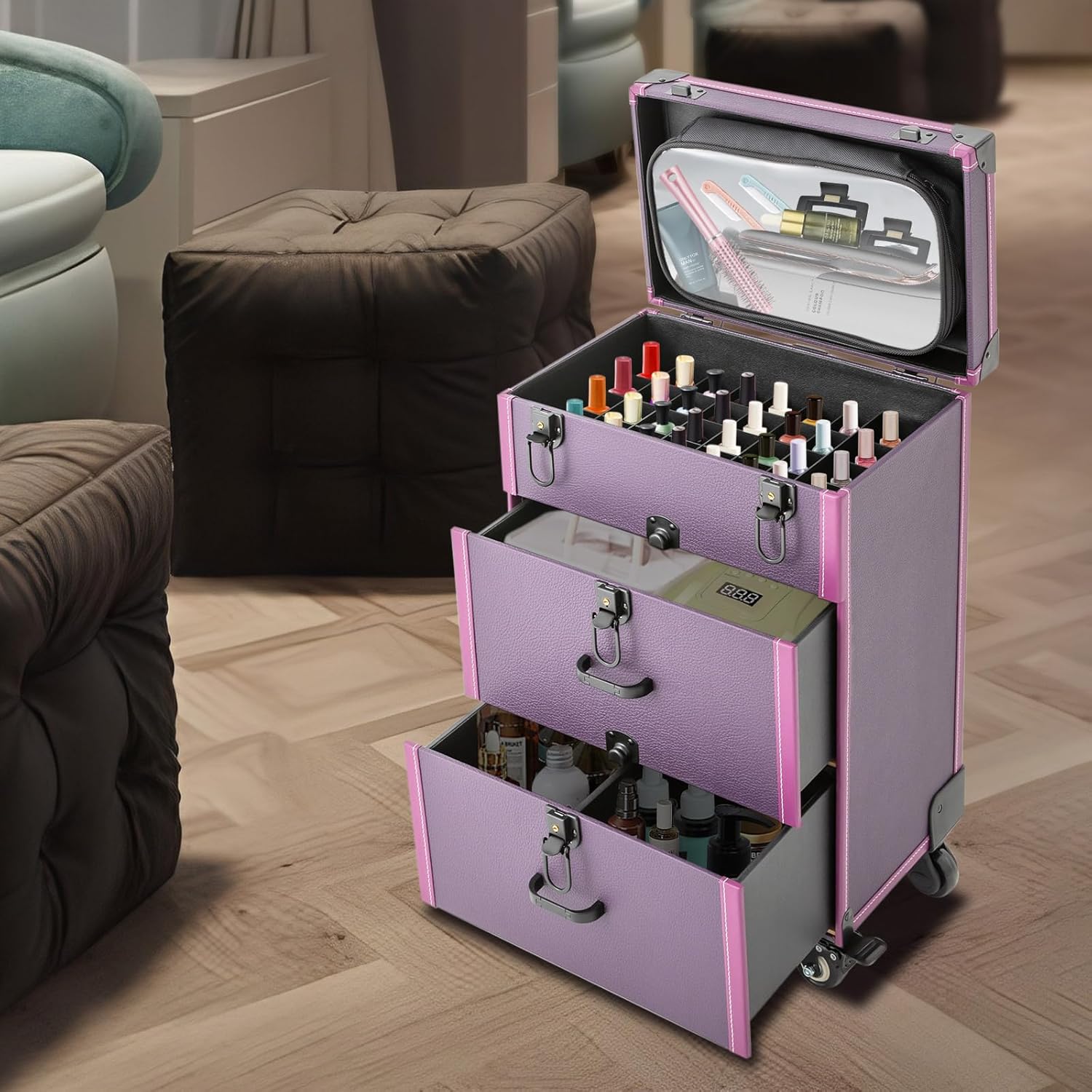 Goudergo Estuche de tren de maquillaje de 3 niveles con 4 ruedas, estuche de alta seguridad con ruedas para maquillaje, organizador de esmalte de