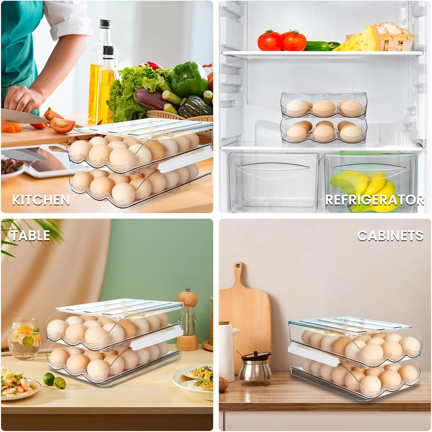 Soporte para huevos para refrigerador, contenedor de huevos rodante de gran capacidad para con tapa desmontable, cubos organizadores apilables para