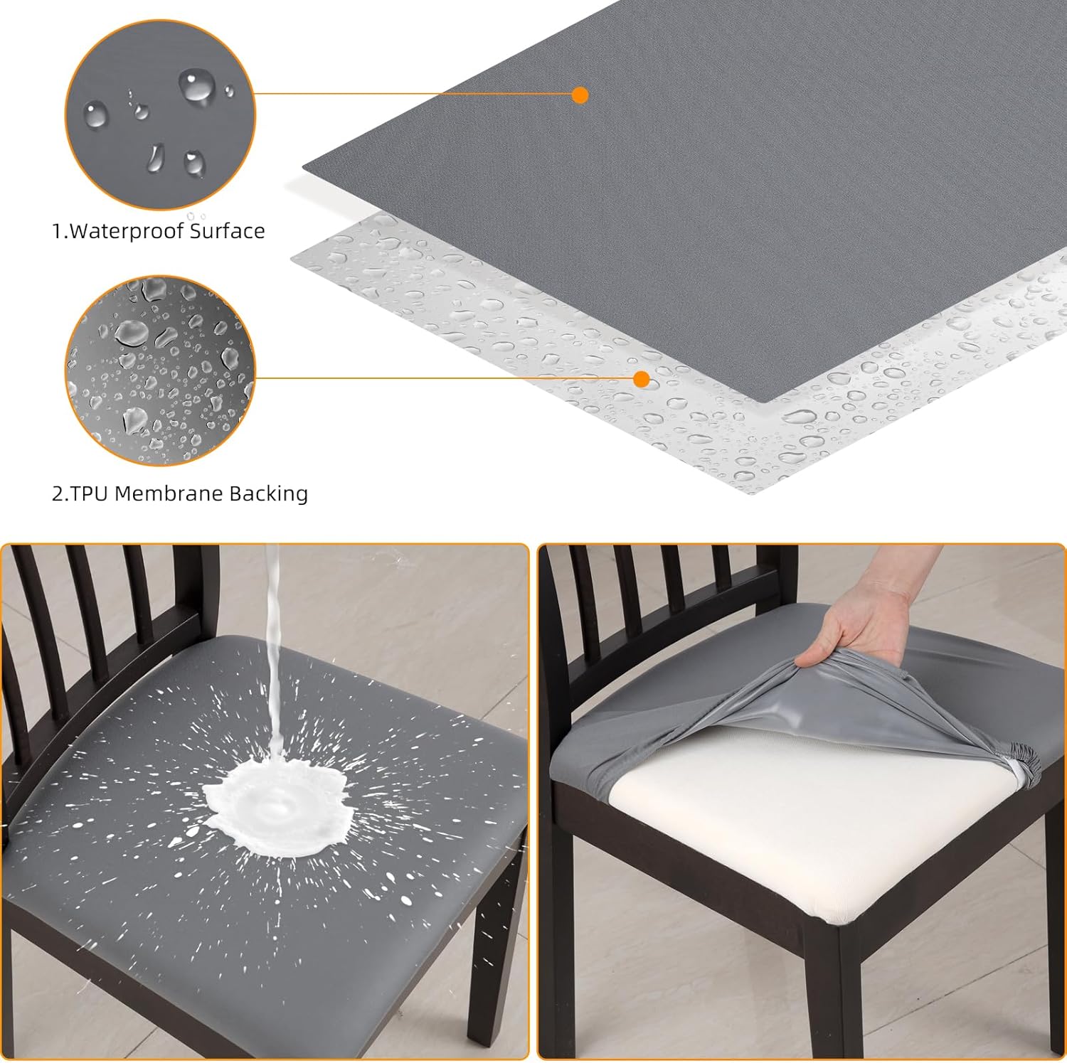 YISUN Fundas de asiento impermeables para comedor, elásticas, extraíbles y lavables, fundas de asiento de silla de cocina con lazos elásticos y