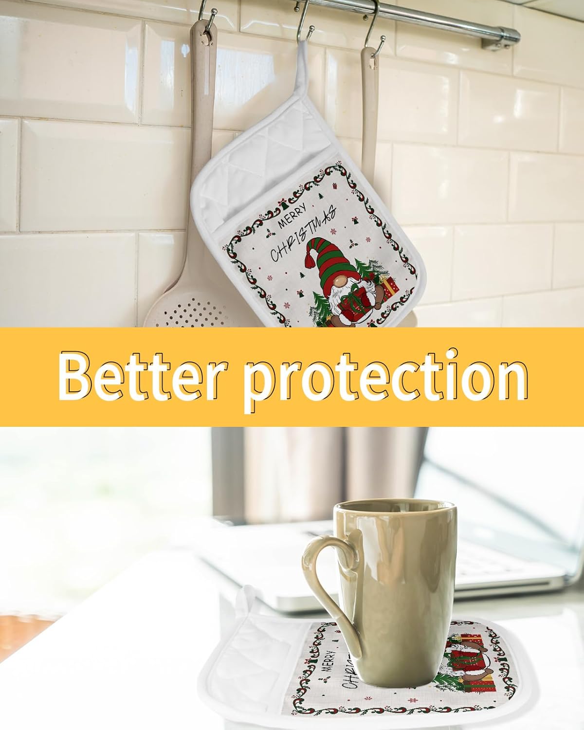 Christmas Gnomes 3Pcs Pot Holders for Kitchen,Non Slip & Heat Insulation Terry Cloth Potholder Set with Pocket,Thick Hot Pad Oven Mitts Trivet