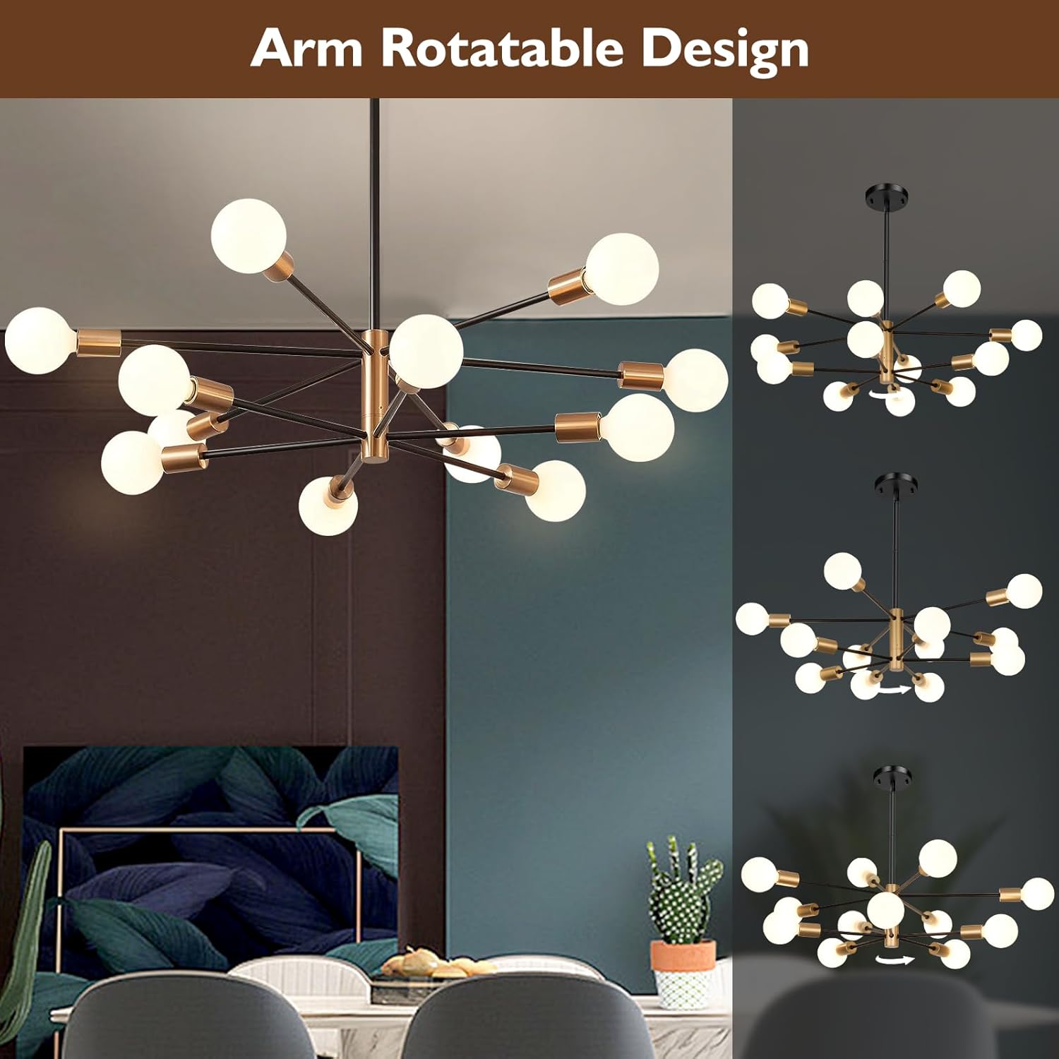 Candelabro Sputnik de 12 luces, lámparas colgantes negras y doradas, moderna lámpara de comedor de granja de latón de mediados de siglo, altura
