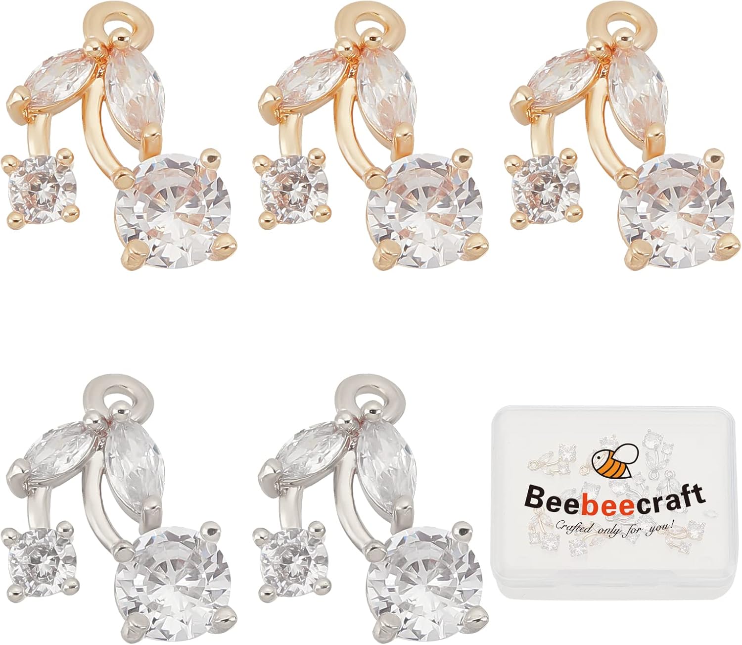 Beebeecraft 10 dijes de cereza transparente con circonita cúbica en forma de fruta, colgantes chapados en latón con circonita cúbica, plata y oro