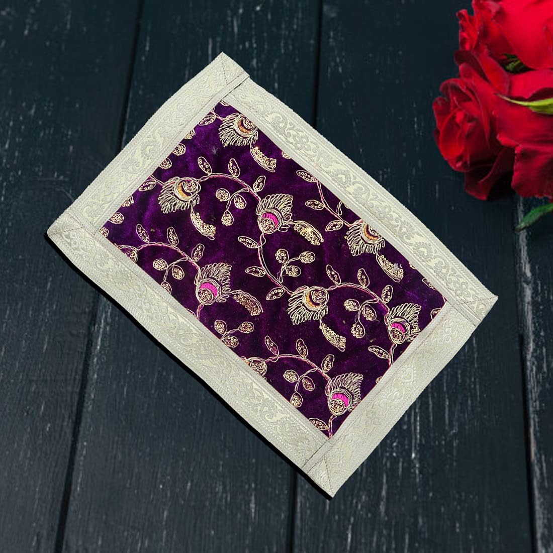 Shoppersduniya Aasan – Paño de terciopelo morado para mandir, templo, hogar, oficina, base, chowki, losa pequeña