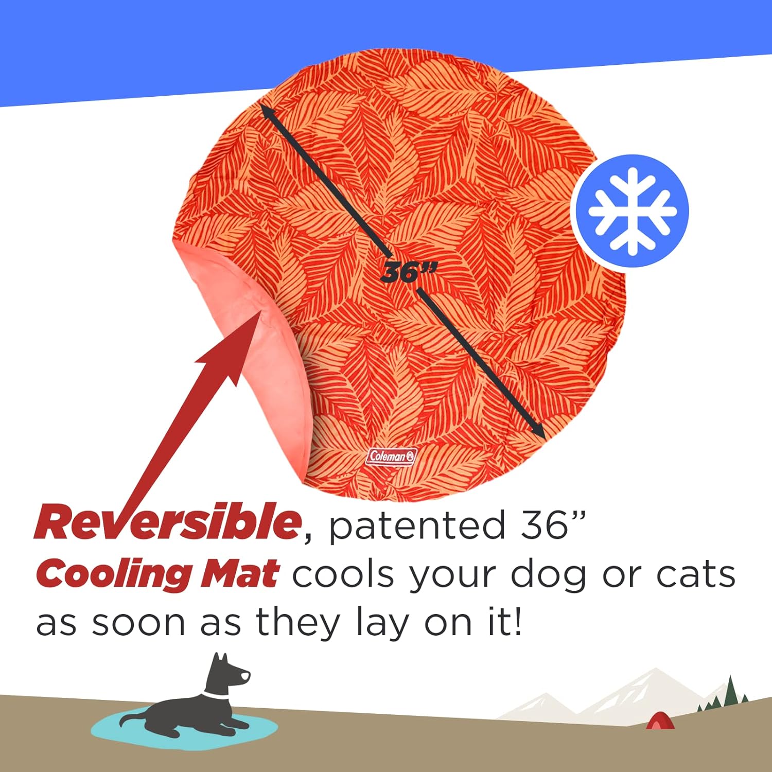 Coleman Tapete redondo reversible para mascotas, grande, 36 pulgadas, rojo y coral
