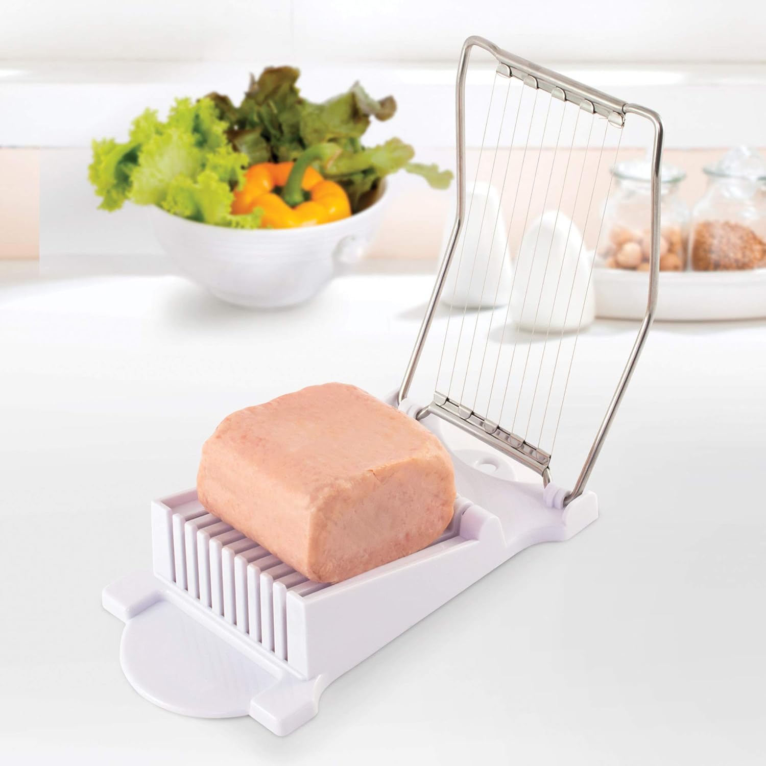 HIC Kitchen Almuerzo de carne con alambres de acero inoxidable, sin BPA, corta 9 rebanadas iguales  8.75 x 5 x 2 pulgadas, apto para lavavajillas,