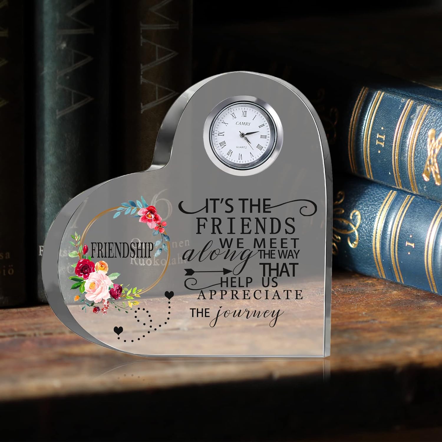 Movdyka Regalos de amistad para mujeres, amigos, corazón de cristal de 5.9 pulgadas, cristal grande de flores con reloj, el mejor regalo único para