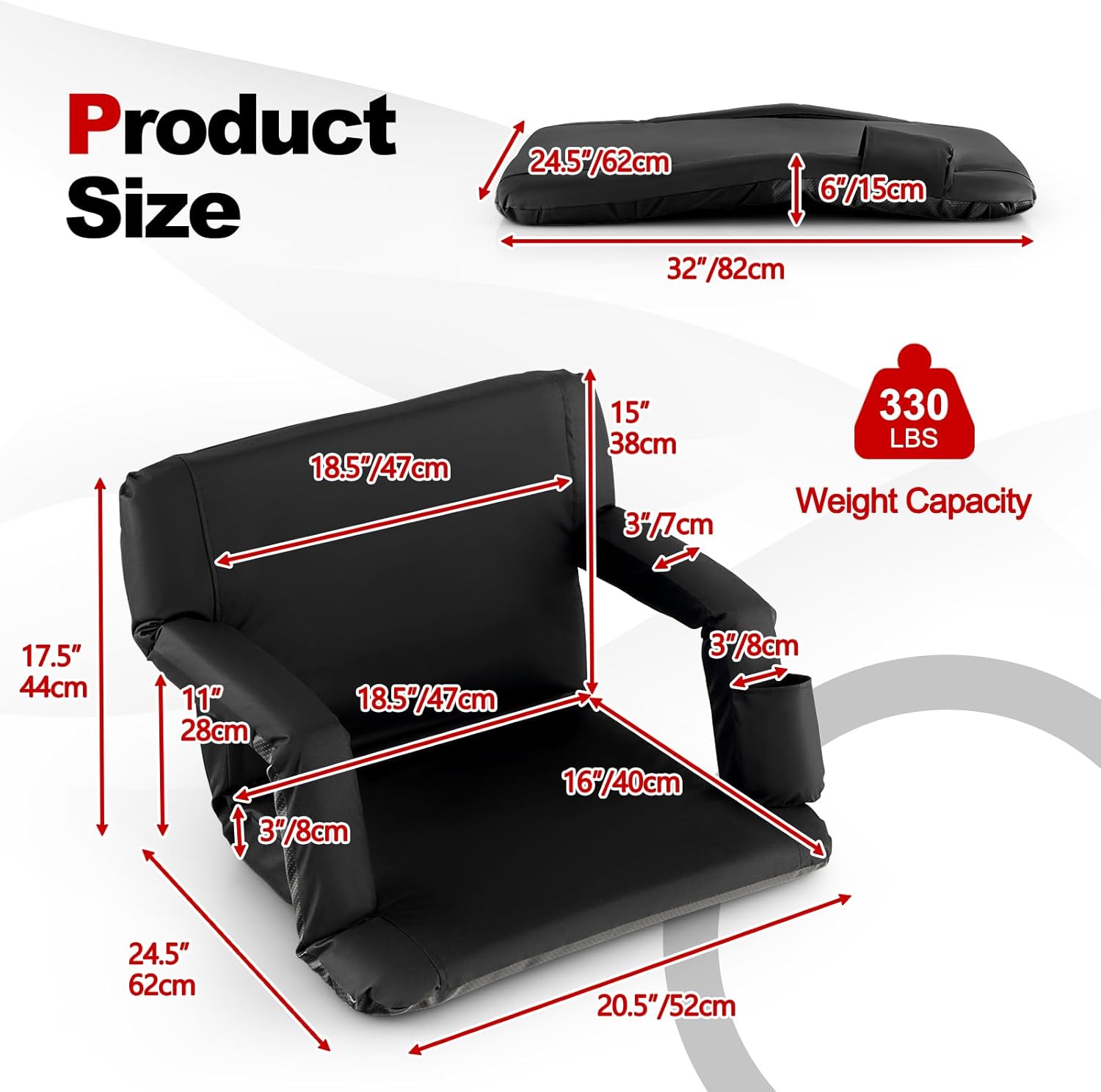 Goplus Asiento de estadio para gradas, silla plegable de 24.5 pulgadas de ancho con 6 posiciones reclinables, soporte para tazas, cojín grueso,