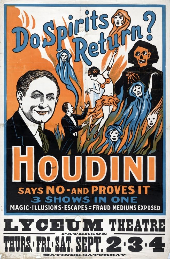 Harry Houdini (1874-1926) Póster de mago namericano publicidad de un espectáculo mágico en el que Houdini expone fraude espiritual médiums