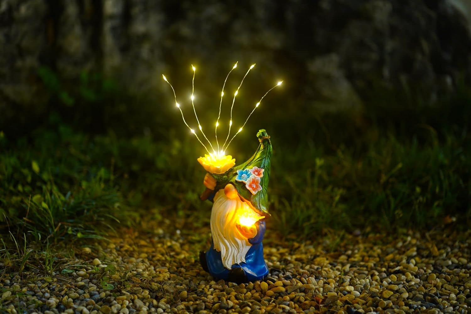 CHUANGFENG Gnomes Garden Decor with Solar Firework Lights,Solar Garden gnome Statue Decoration for Outdoor Patio Yard Lawn Decoration Gift for