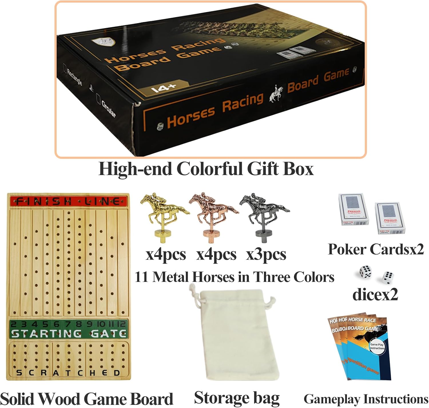 Juego de mesa de carreras de caballos de metal, juego de mesa, línea de meta, edición de lujo, tablero de carreras de madera maciza, 11 lotes de