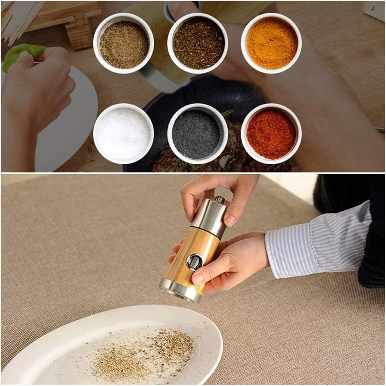 OUSIKA Molinillo de pimienta, molinillo de sal, molinillo de madera de sal y pimienta, molinillo manual, grosor ajustable para barbacoa, botella de
